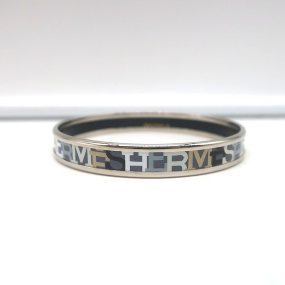 HERMES CAPITALES ENAMEL NARROW BANGLE BRACELET GRAY/SILVER SIZE MEDIUM - Picture 4 of 6